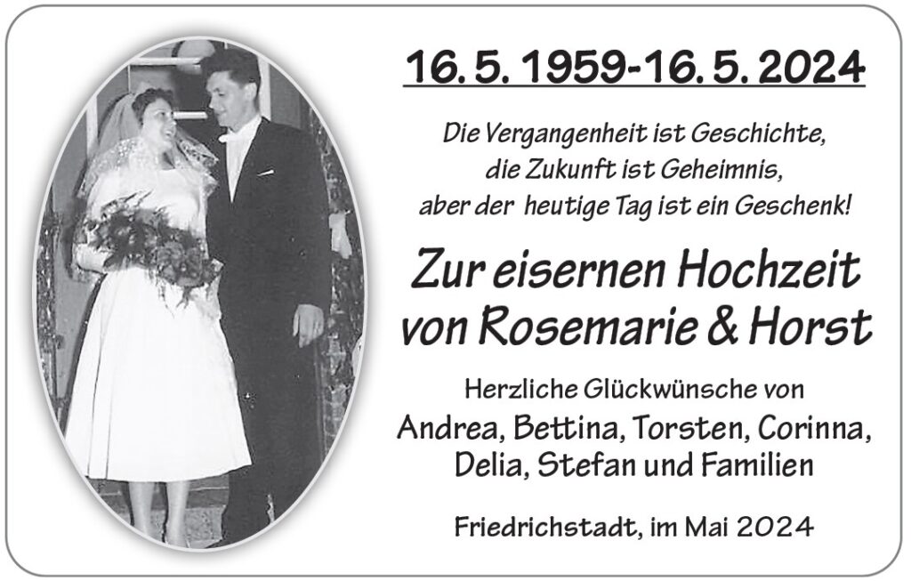 Wir gratulieren Rosemarie und Horst zur eisernen Hochzeit