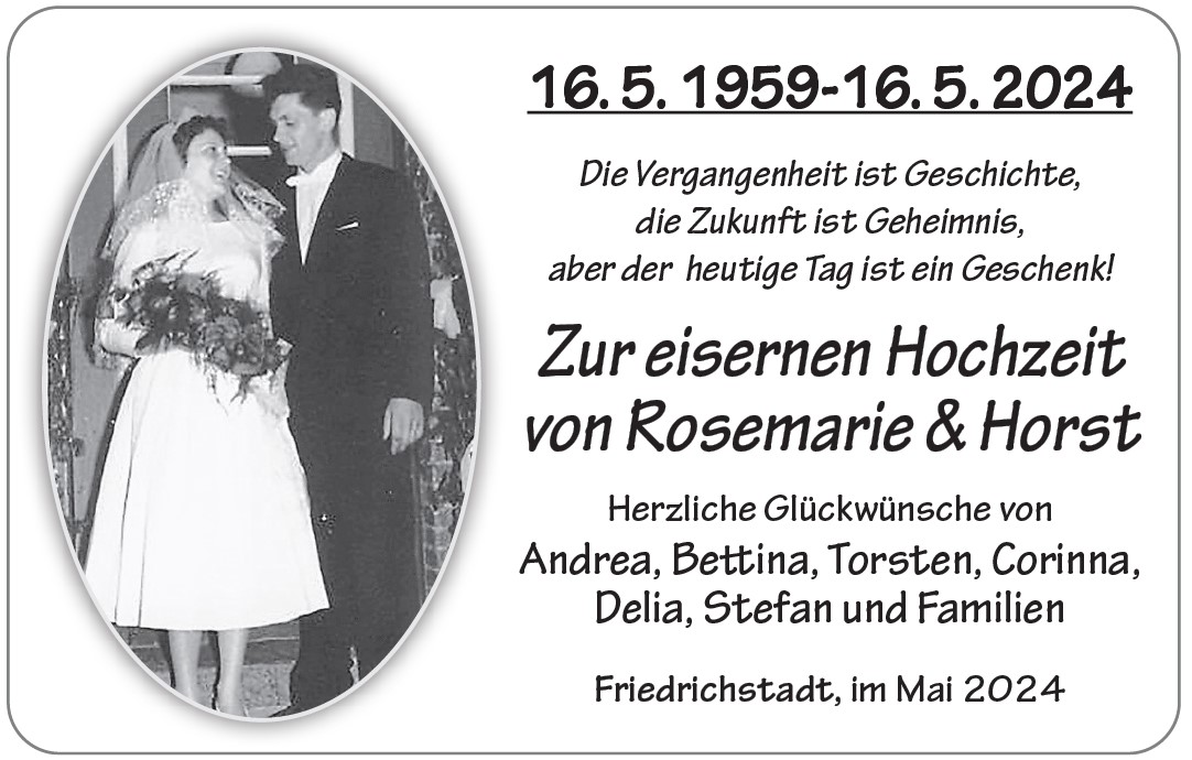Wir gratulieren Rosemarie und Horst zur eisernen Hochzeit