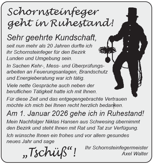Schornsteinfeger Axel Walter sagt Tschüß!