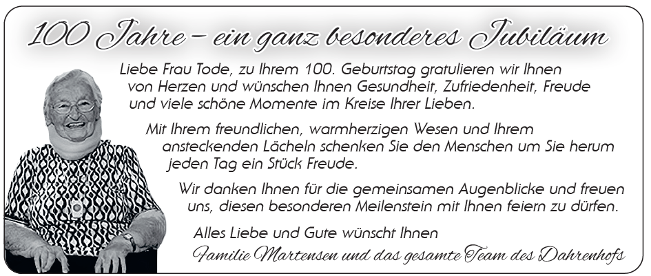 Herzlichen Glückwunsch Frau Tode!